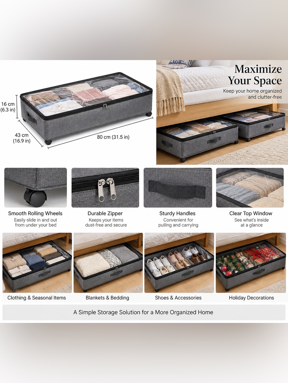 Universal Under Bed Storage Boxes on Castors. Black.  2 of 6
